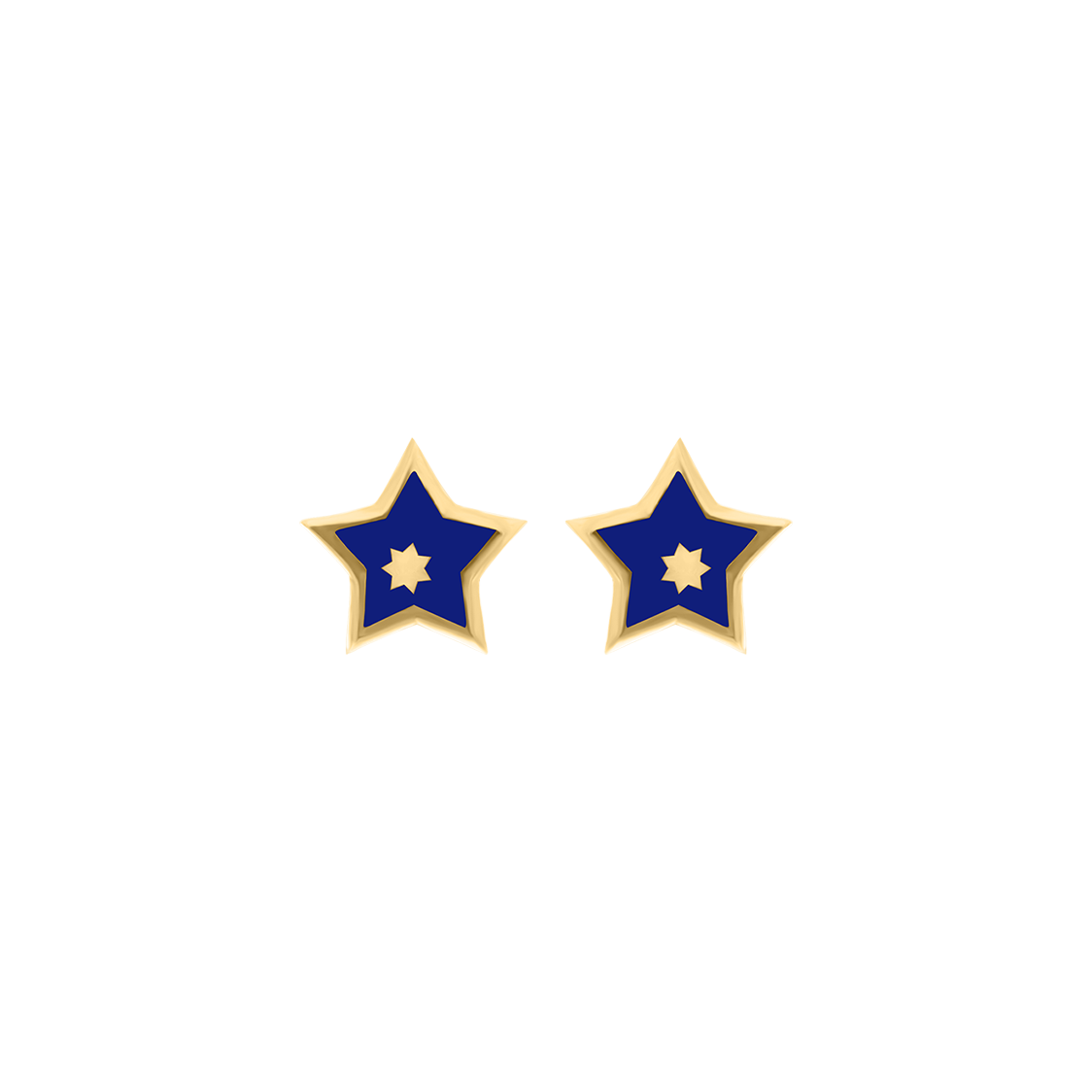 Yellow gold star stud earrings with blue enamel and gold center detail