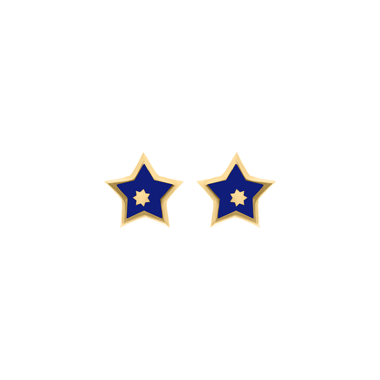 Yellow gold star stud earrings with blue enamel and gold center detail