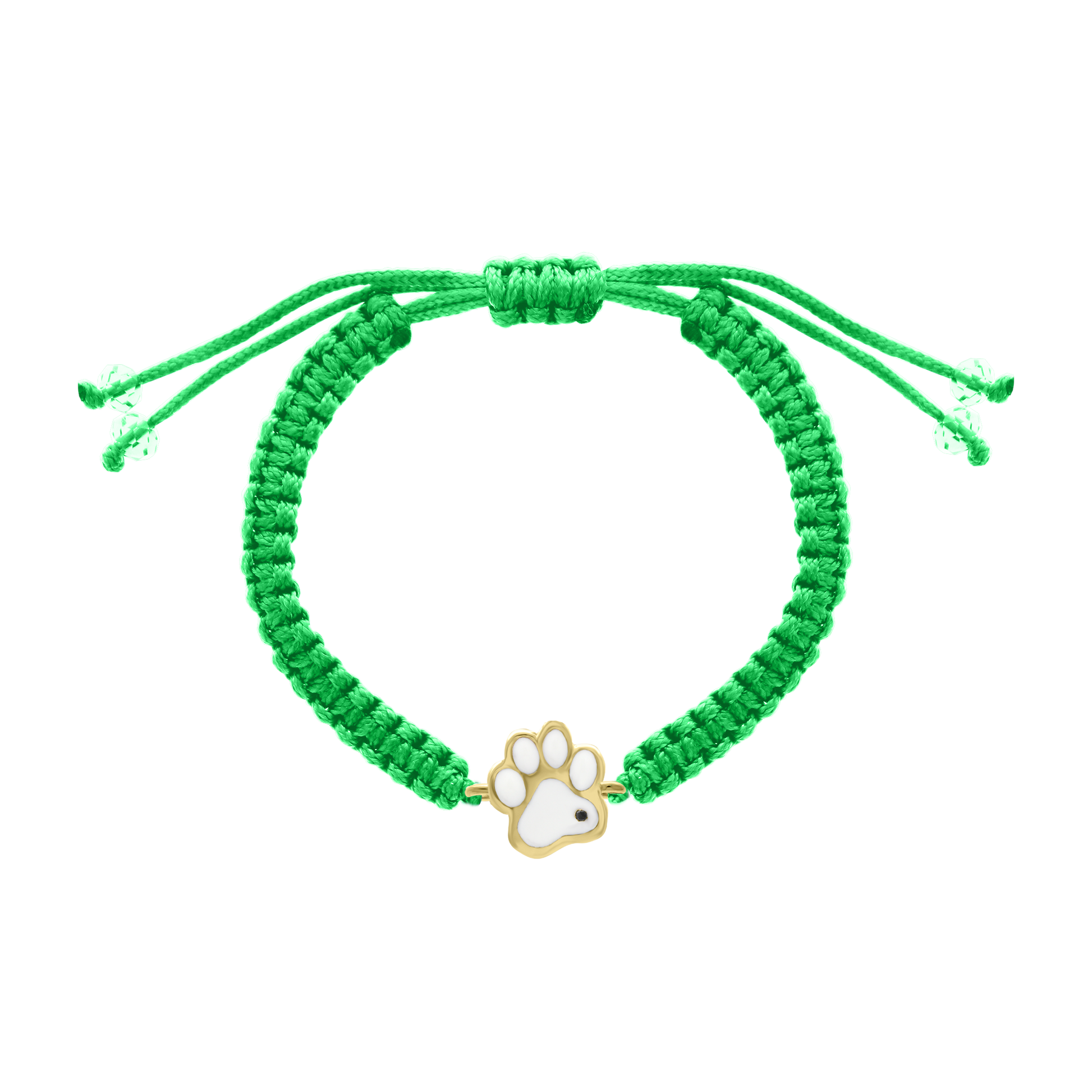 Green cord Brave Paw bracelet with gold and white enamel paw charm