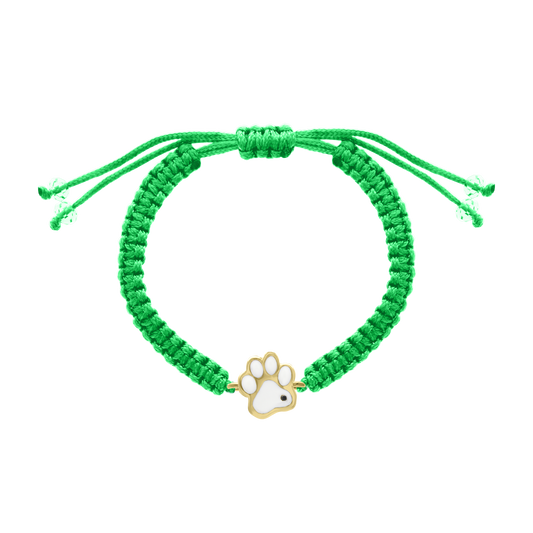Green cord Brave Paw bracelet with gold and white enamel paw charm