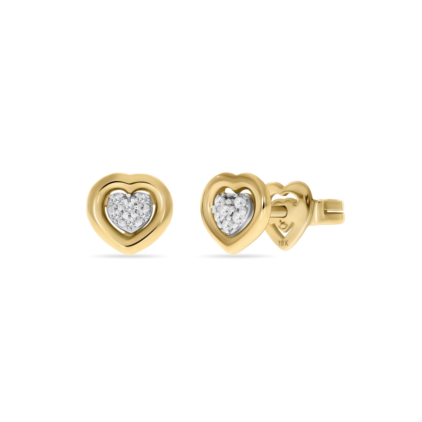 A pair of 18K yellow gold heart-shaped earrings with diamond clusters in the center, designed for children.