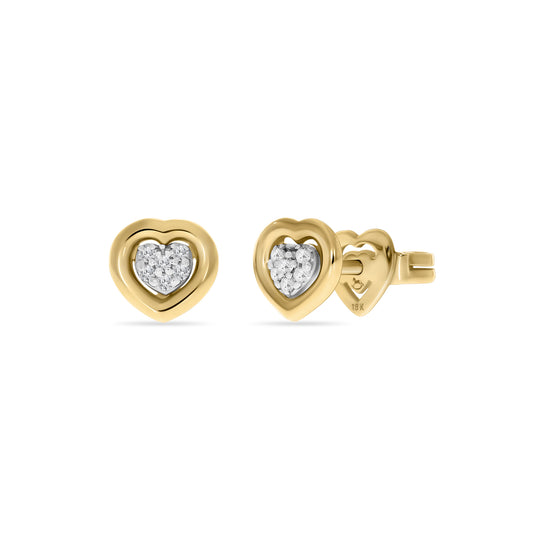 A pair of 18K yellow gold heart-shaped earrings with diamond clusters in the center, designed for children.