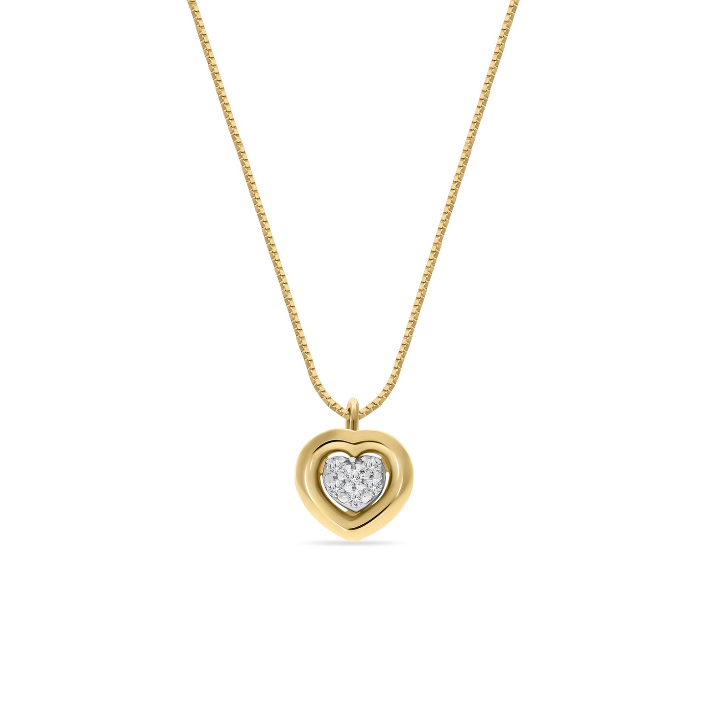 A gold heart-shaped pendant necklace with a smaller heart-shaped pendant filled with sparkling stones, attached to a gold chain.
