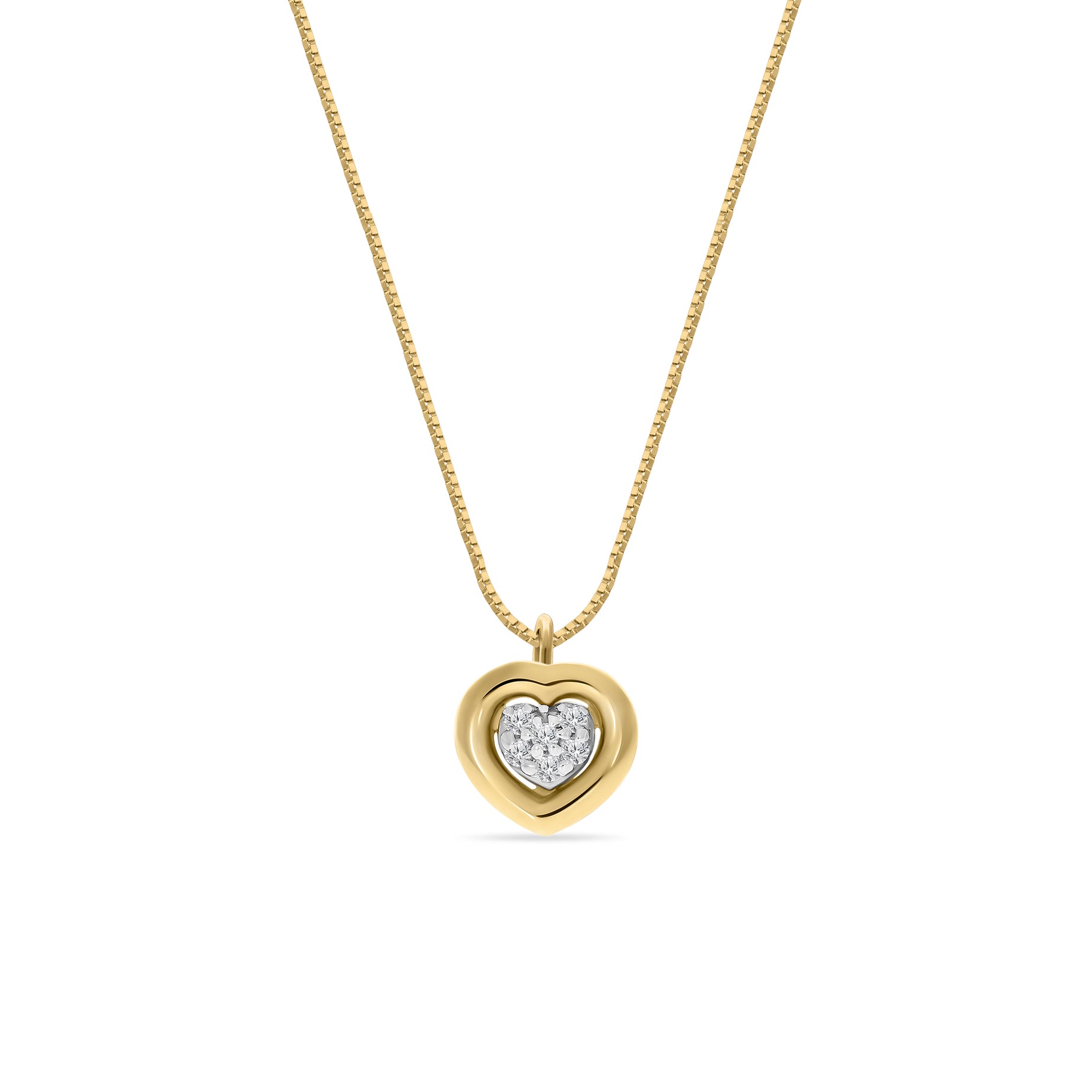 A gold heart-shaped pendant necklace with a smaller heart-shaped pendant filled with sparkling stones, attached to a gold chain.