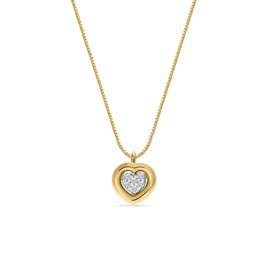 A gold heart-shaped pendant necklace with a smaller heart-shaped pendant filled with sparkling stones, attached to a gold chain.