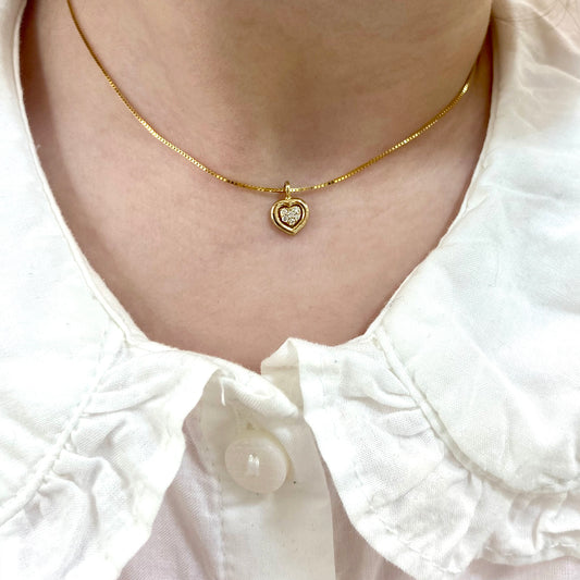 Gold bubble heart diamond necklace with pavé heart pendant on chain