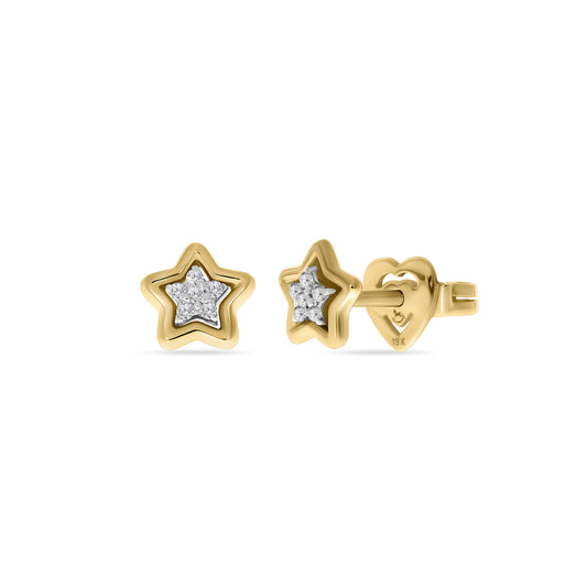 Pair of 18k gold star-shaped stud earrings with a diamond-studded center and heart-shaped earring backs, displayed on a white background.