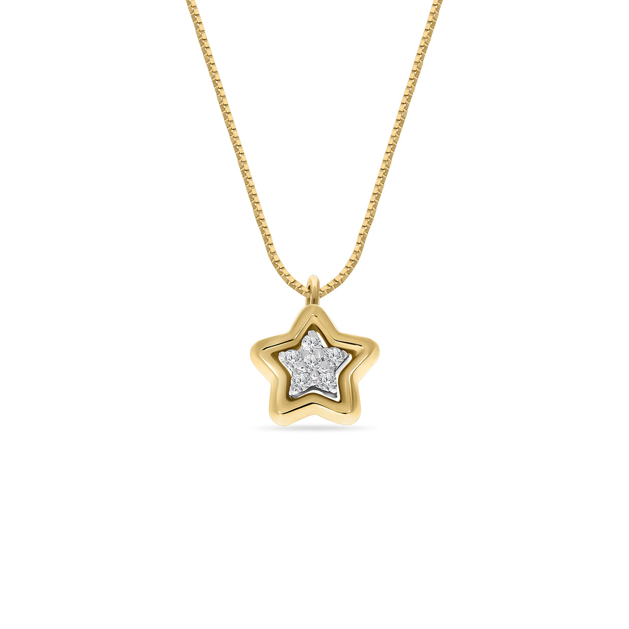 Gold necklace featuring a double-layered star pendant with a central cluster of diamonds, displayed on a white background.