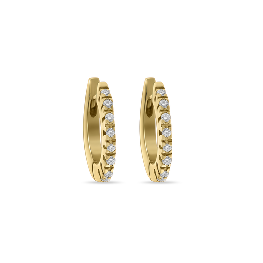 A pair of 18K yellow-gold Carrousel hoop earrings, each hoop’s outer curve set with a neat row of round brilliant-cut diamonds, shown side by side on a transparent background.