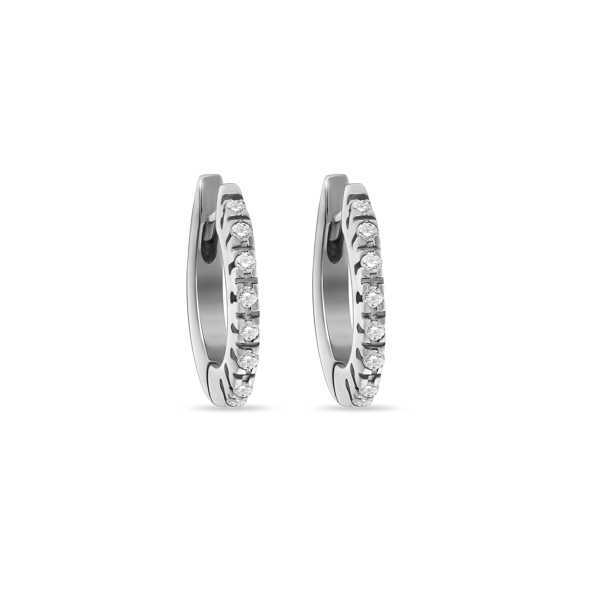 A pair of 18K white-gold Carrousel hoop earrings, each hoop’s outer curve set with a neat row of round brilliant-cut diamonds, shown side by side on a transparent background.”