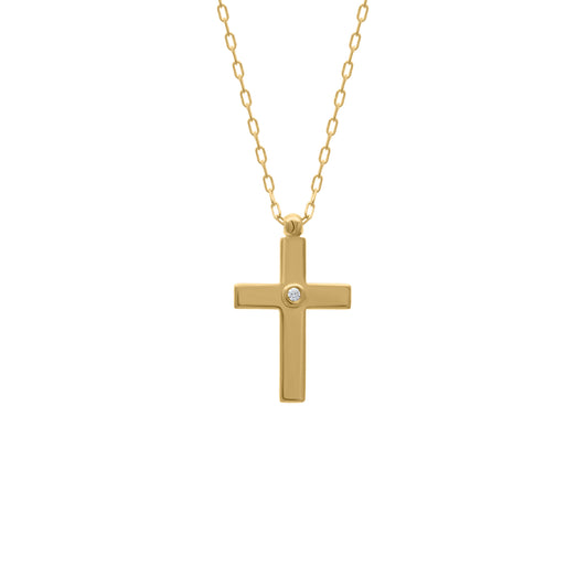 Gold necklace featuring a simple cross pendant with a small diamond set in the center, displayed on a white background.