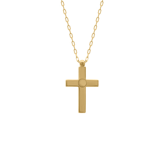 Gold necklace featuring a simple cross pendant with a smooth round setting in the center, displayed on a white background.