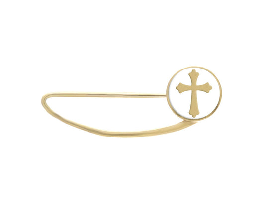 Gold safety pin with white enamel round charm and gold cross