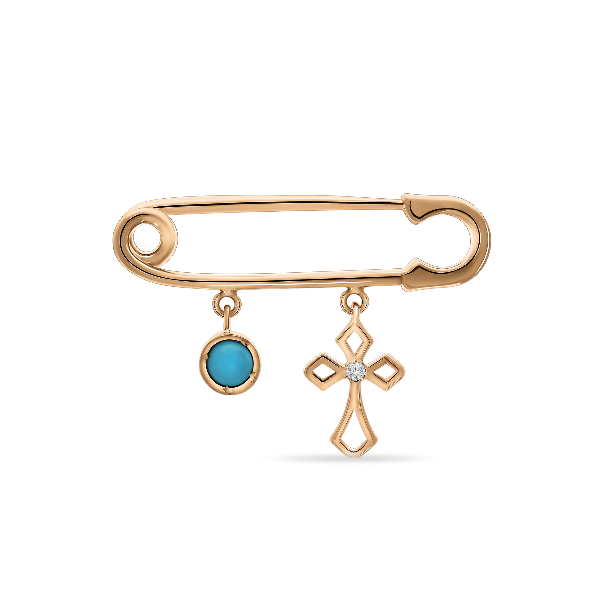 A polished 18K rose-gold safety-pin brooch (baby-pin style) with two dangling charms: a round bezel-set turquoise stone and an openwork cross pendant featuring a single round brilliant-cut diamond at its center, shown on a transparent background.