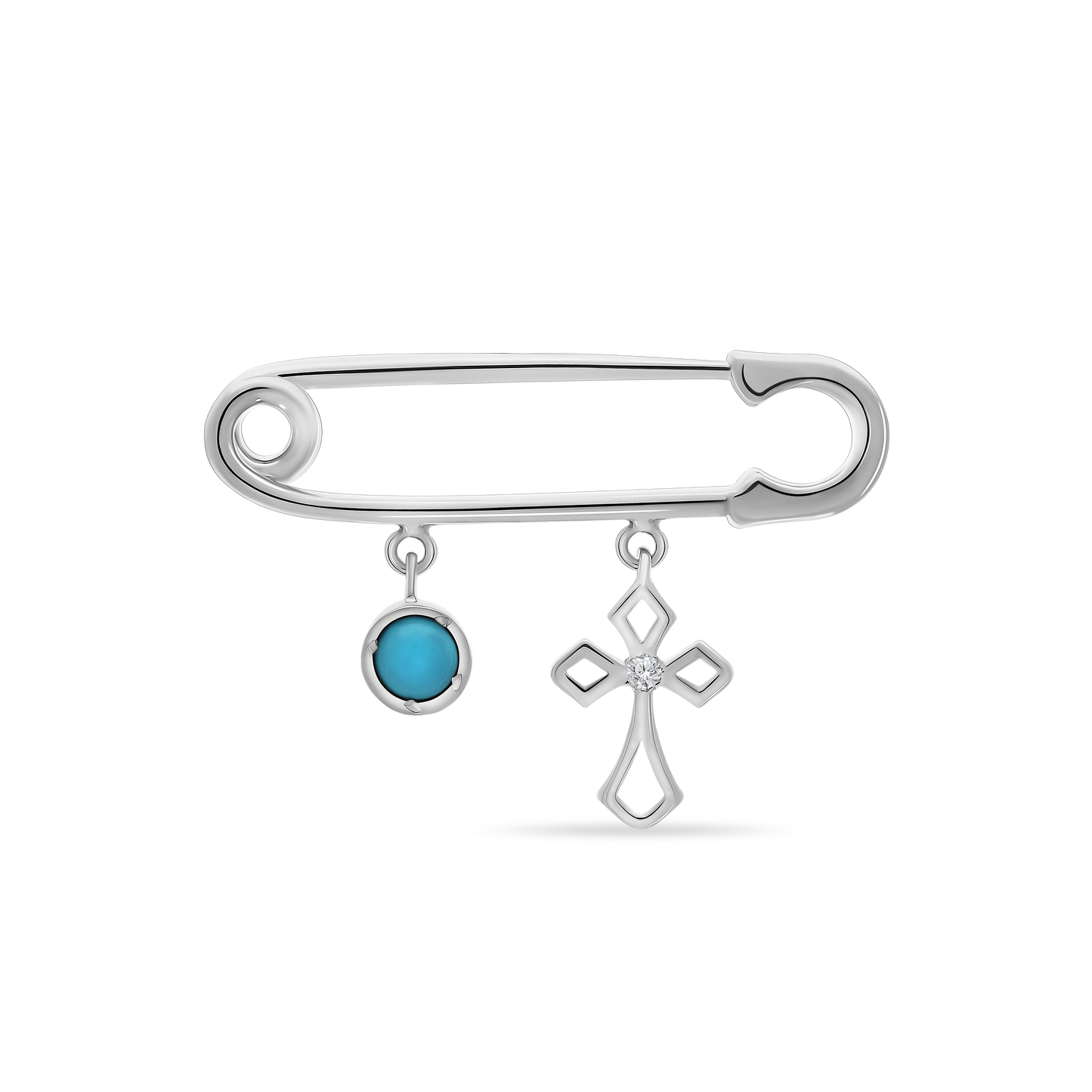 A polished 18K white-gold safety-pin brooch (baby-pin style) with two dangling charms: a round bezel-set turquoise stone and an openwork cross pendant featuring a single round brilliant-cut diamond at its center, shown on a transparent background.