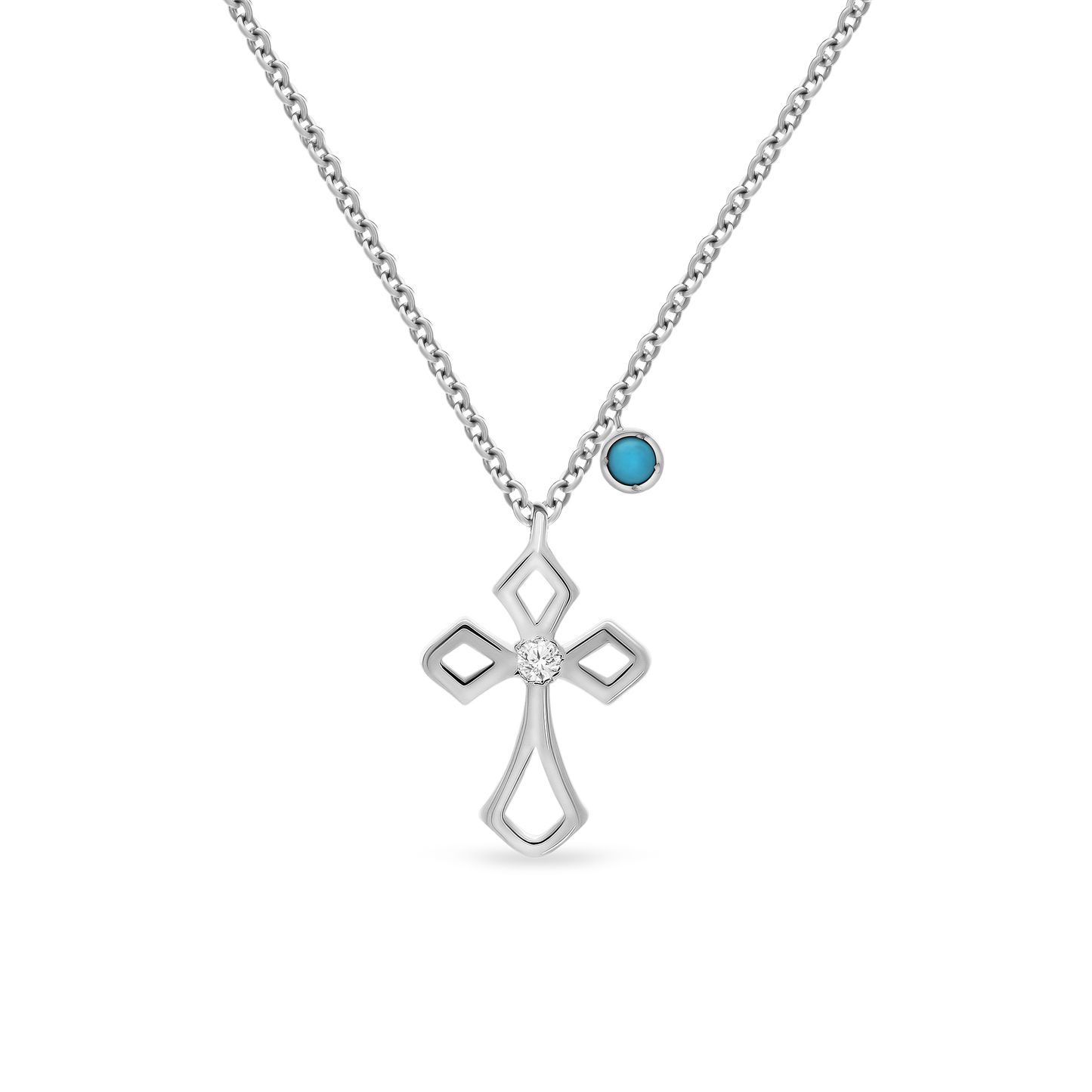 White gold faith necklace with cross pendant, diamond center, and turquoise charm