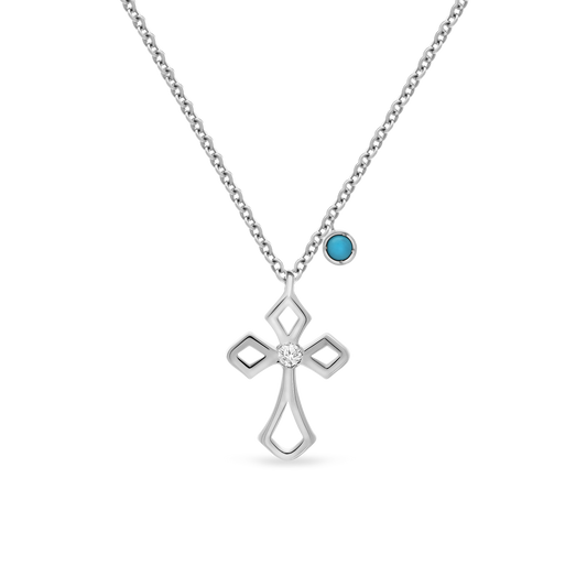 White gold faith necklace with cross pendant, diamond center, and turquoise charm