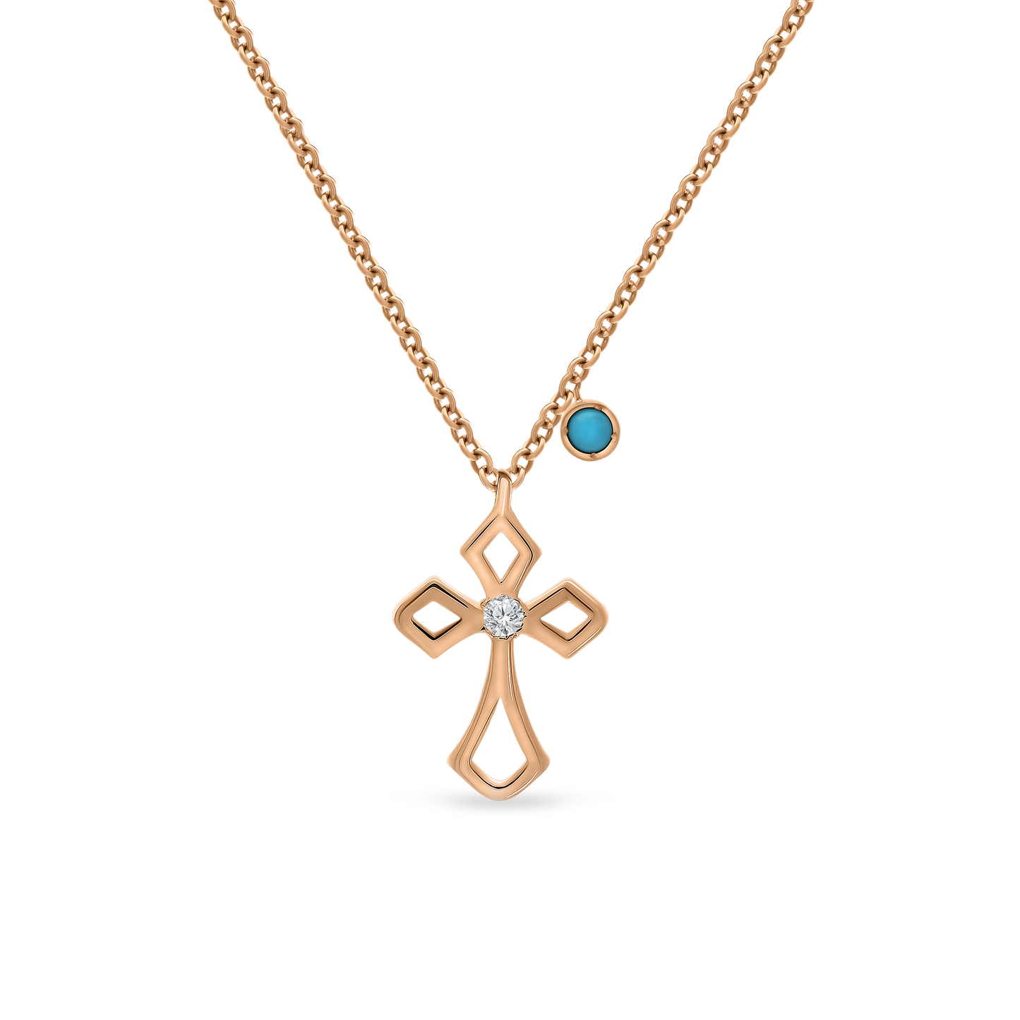 Gold faith necklace with cross pendant, diamond center, and turquoise charm