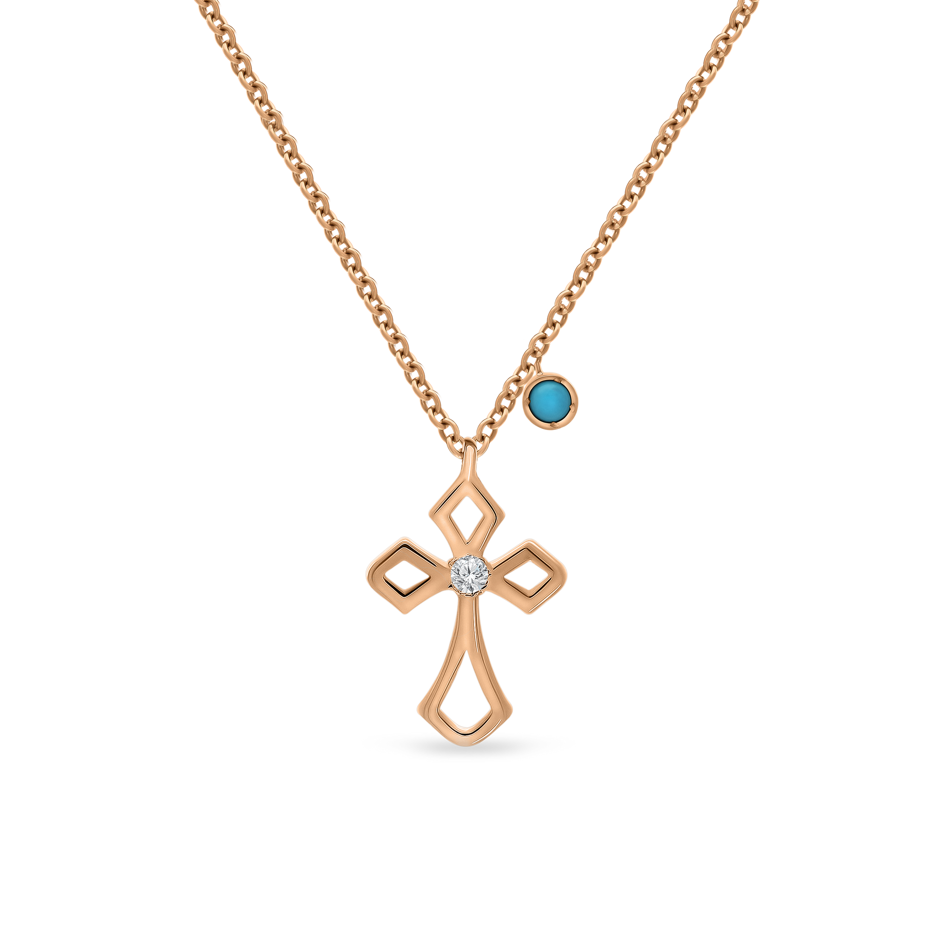 Gold faith necklace with cross pendant, diamond center, and turquoise charm