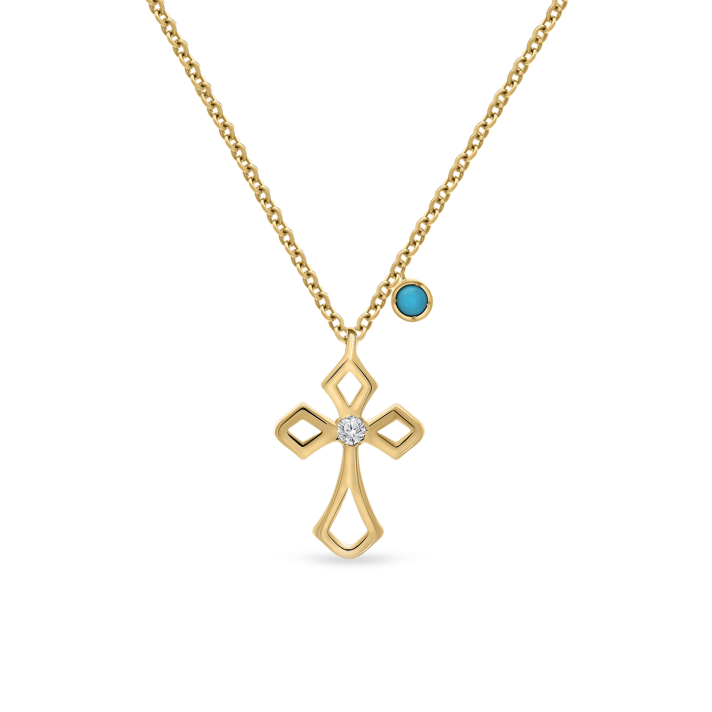 Yellow gold faith necklace with cross pendant, diamond center, and turquoise charm