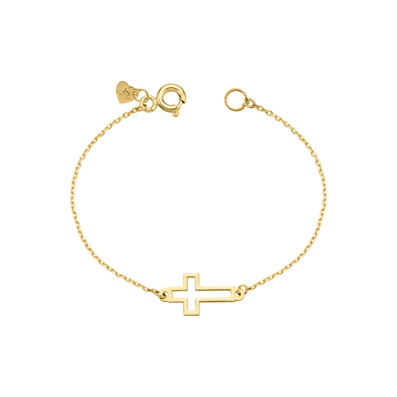 A delicate 18K yellow-gold baby bracelet on a fine adjustable paper-clip chain, featuring a slim open-work cross silhouette charm at its center, shown on a transparent background.