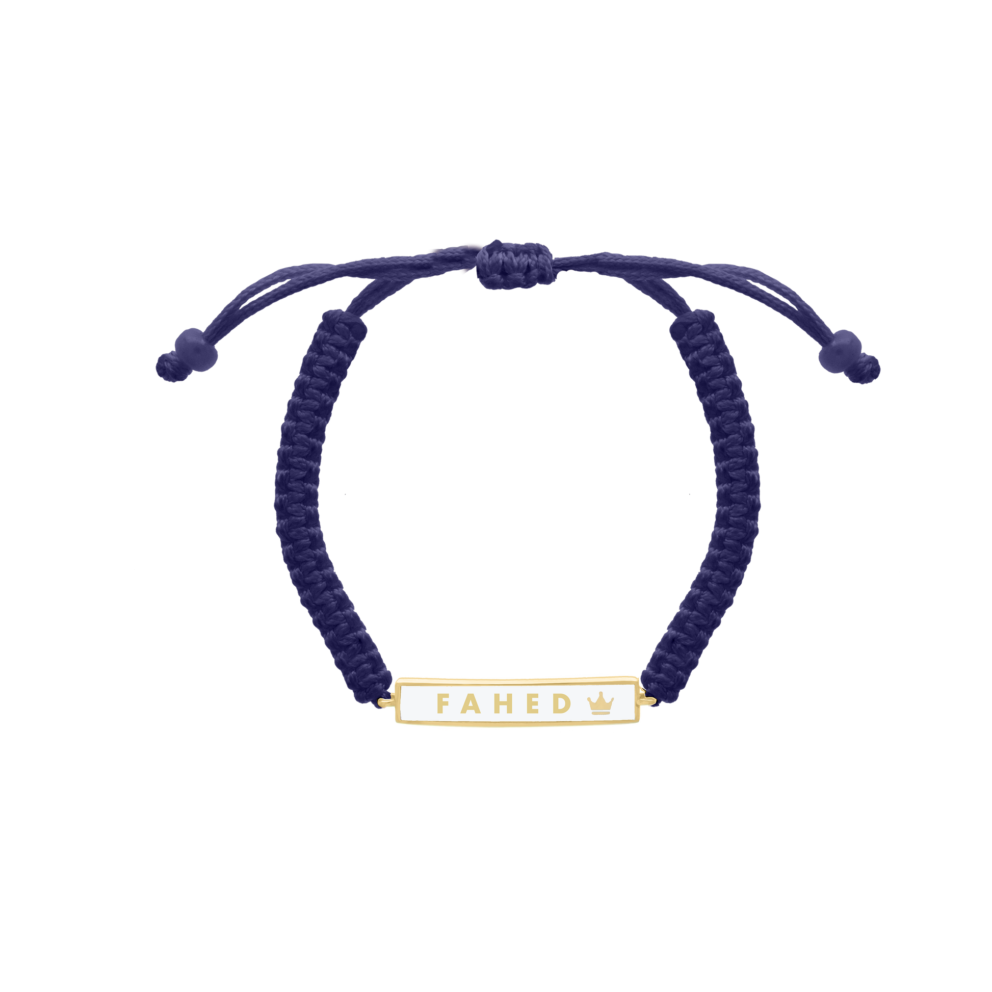 Blue cord bracelet with yellow gold custom name plate and crown detail