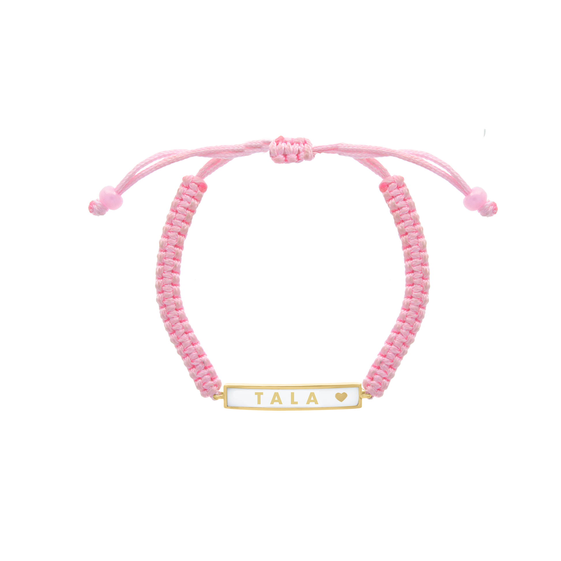 Pink cord bracelet with yellow gold custom name plate and heart detail