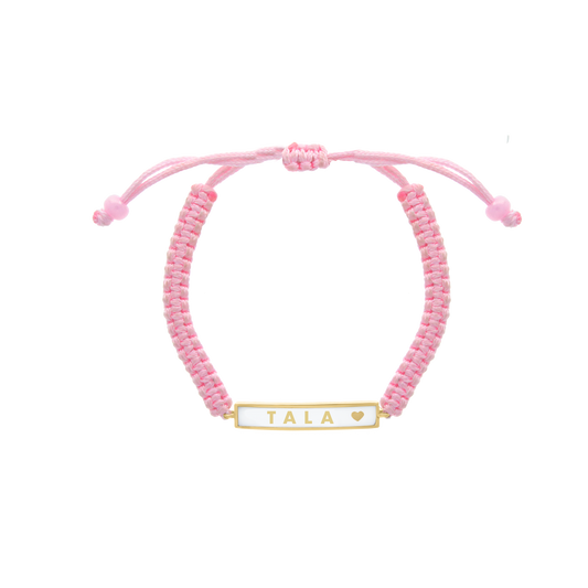 Pink cord bracelet with yellow gold custom name plate and heart detail