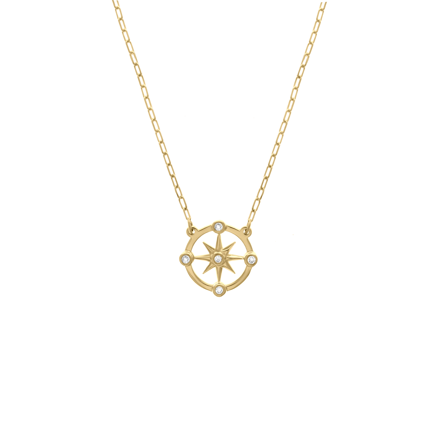 Yellow gold compass star pendant necklace with diamond accents on fine chain