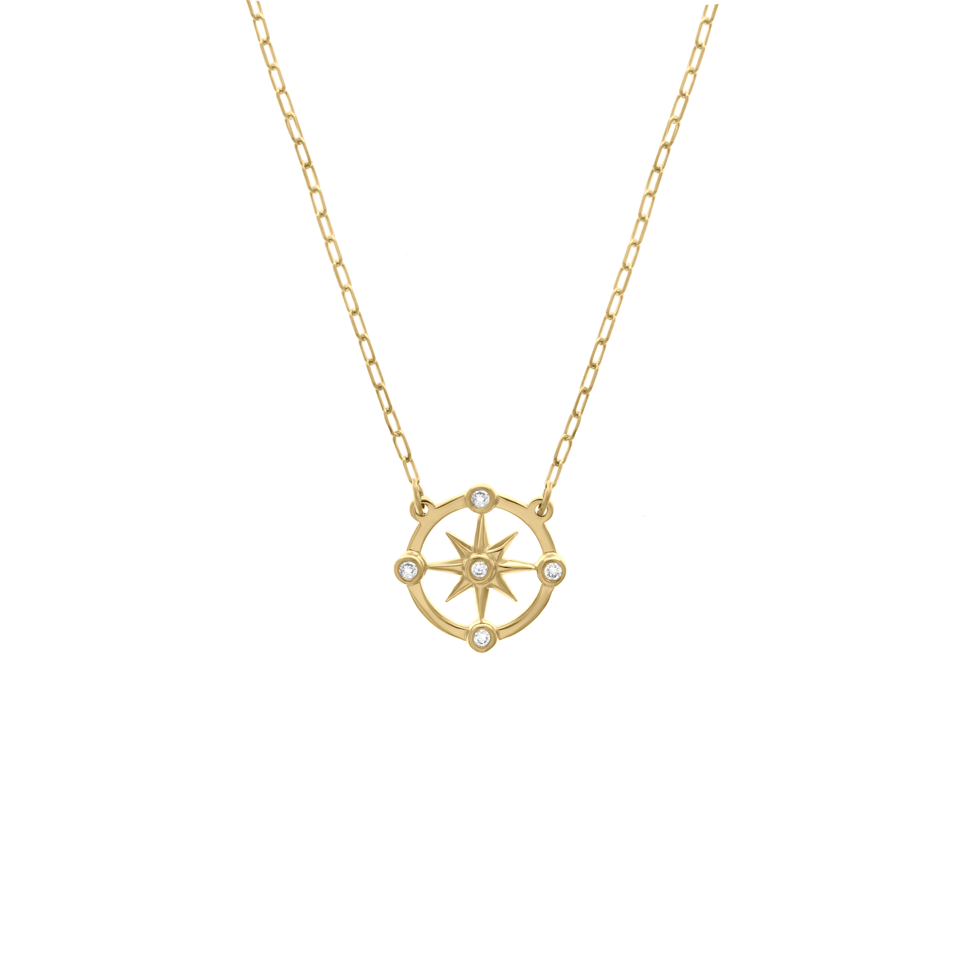 Yellow gold compass star pendant necklace with diamond accents on fine chain