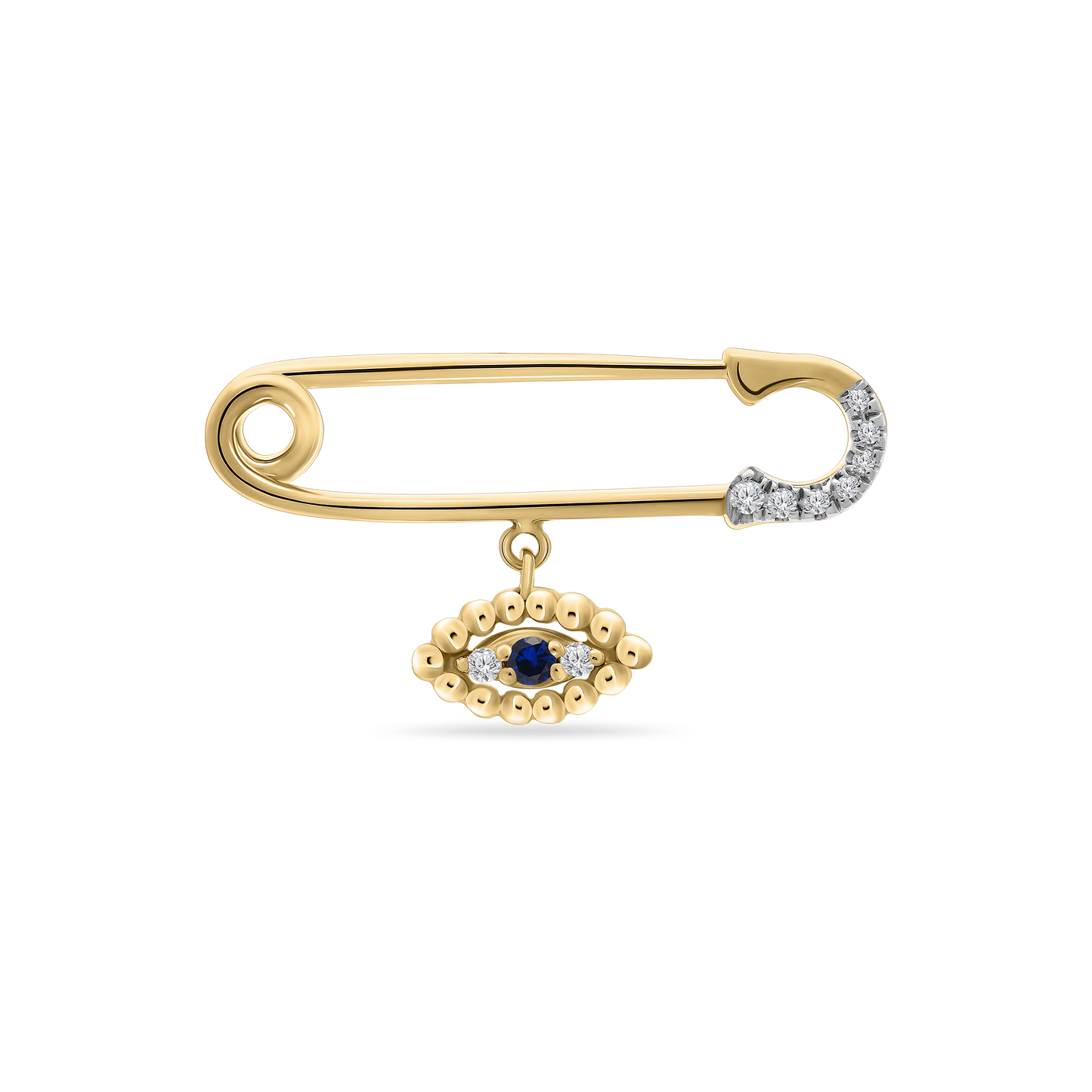 A polished 18K yellow-gold safety-pin brooch with the clasp tip encrusted in small round diamonds, featuring a dangling evil-eye charm—an oval of gold beads surrounding a central blue sapphire and two small diamonds—shown on a transparent background.