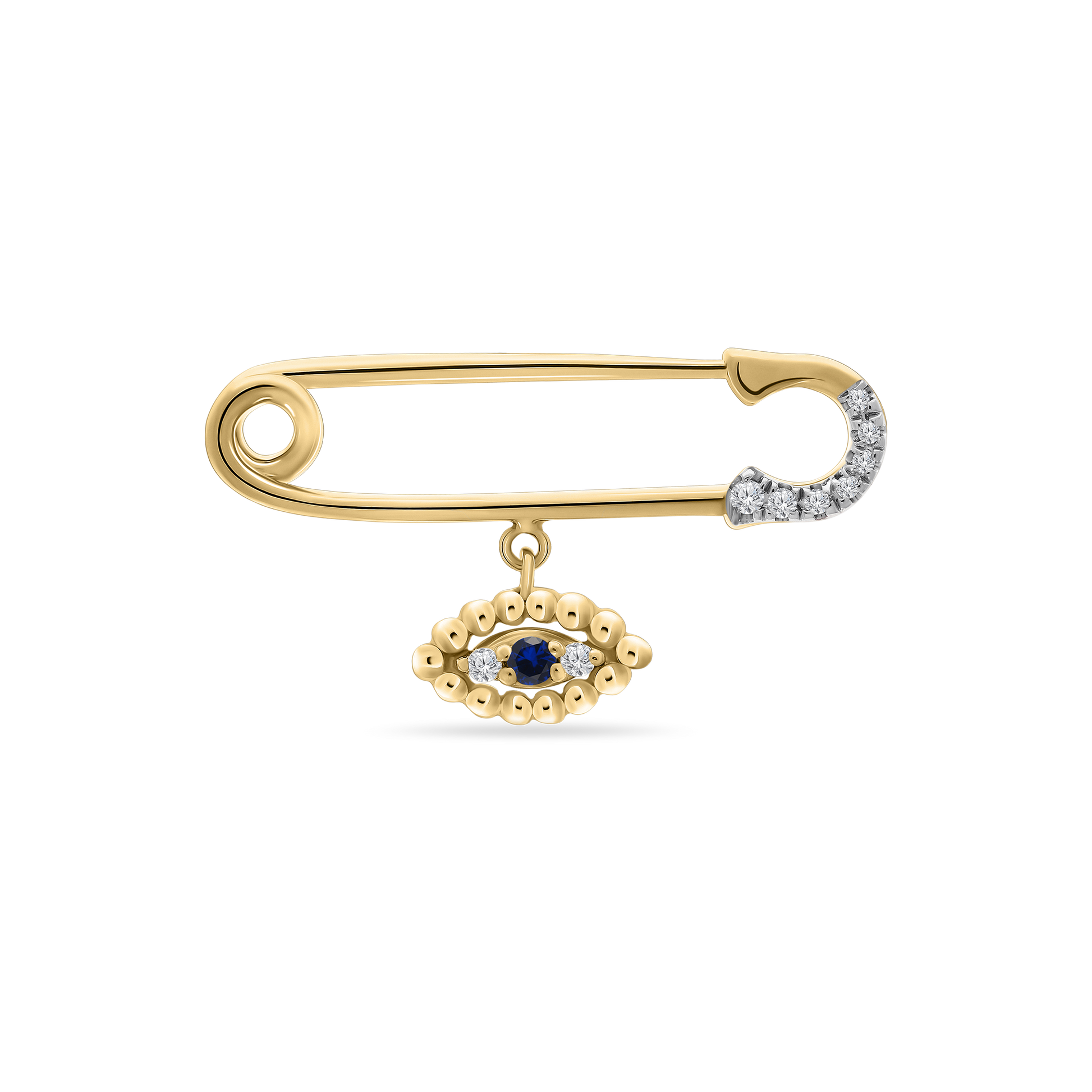 A polished 18K yellow-gold safety-pin brooch with the clasp tip encrusted in small round diamonds, featuring a dangling evil-eye charm—an oval of gold beads surrounding a central blue sapphire and two small diamonds—shown on a transparent background.