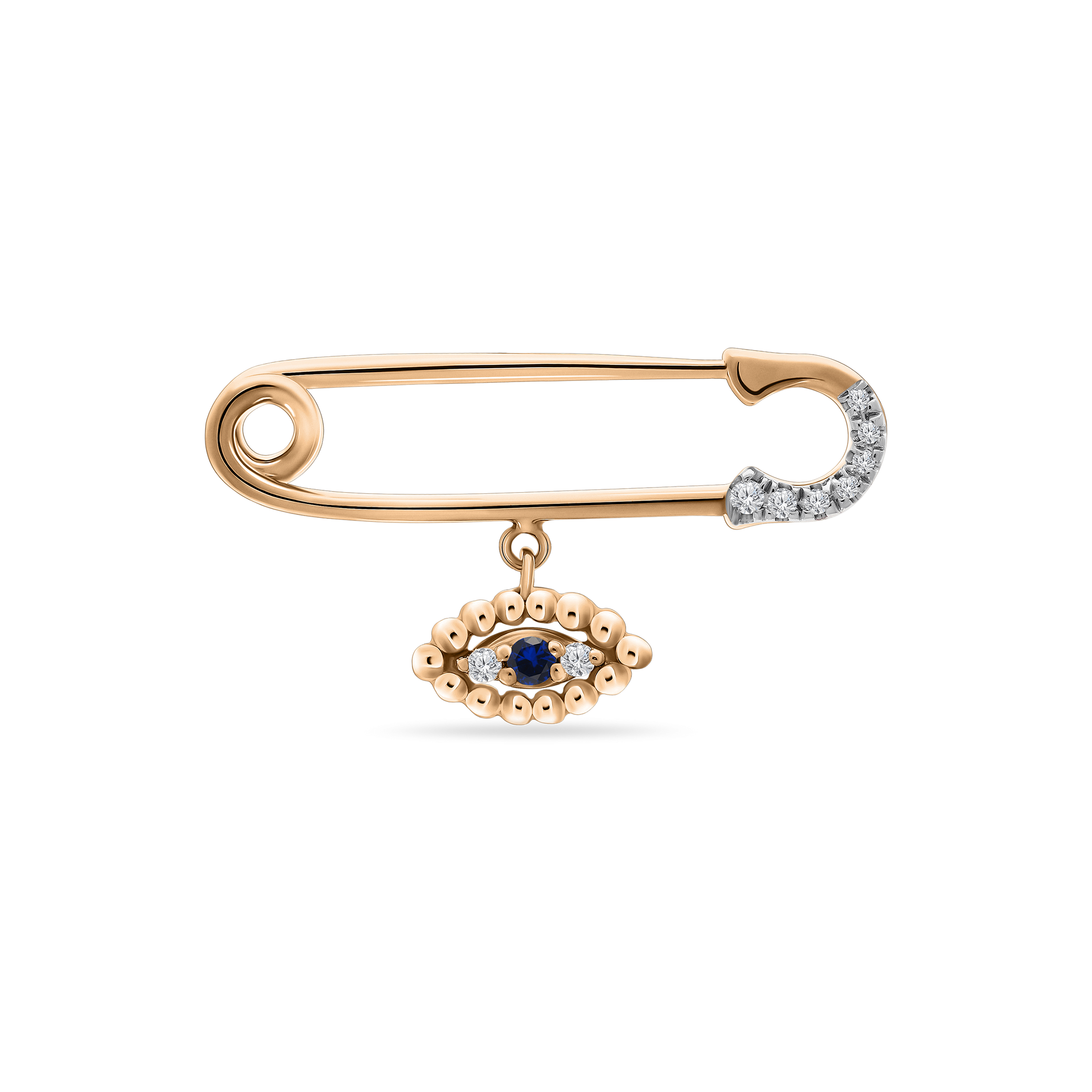 A polished 18K rose-gold safety-pin brooch with the clasp tip encrusted in small round diamonds, featuring a dangling evil-eye charm—an oval of gold beads surrounding a central blue sapphire and two small diamonds—shown on a transparent background.