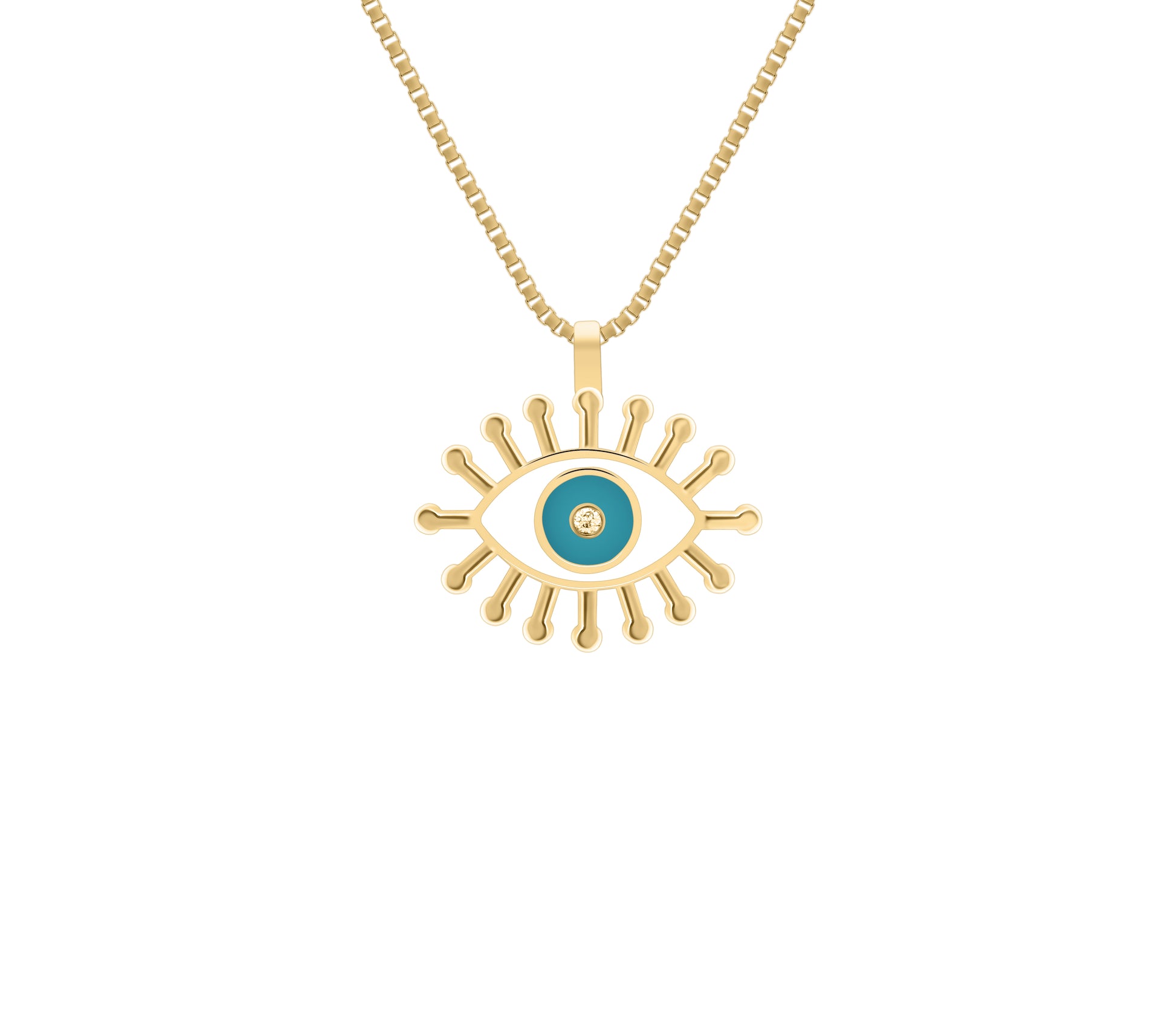 Yellow gold evil eye pendant necklace with turquoise enamel and diamond center