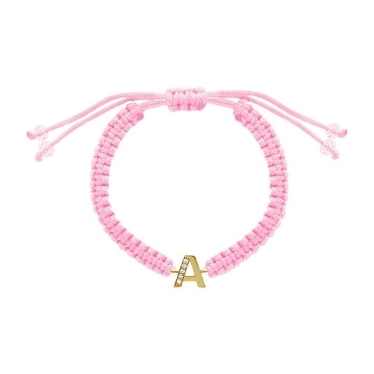 Pink cord diamond initial bracelet with gold A charm and pavé diamonds