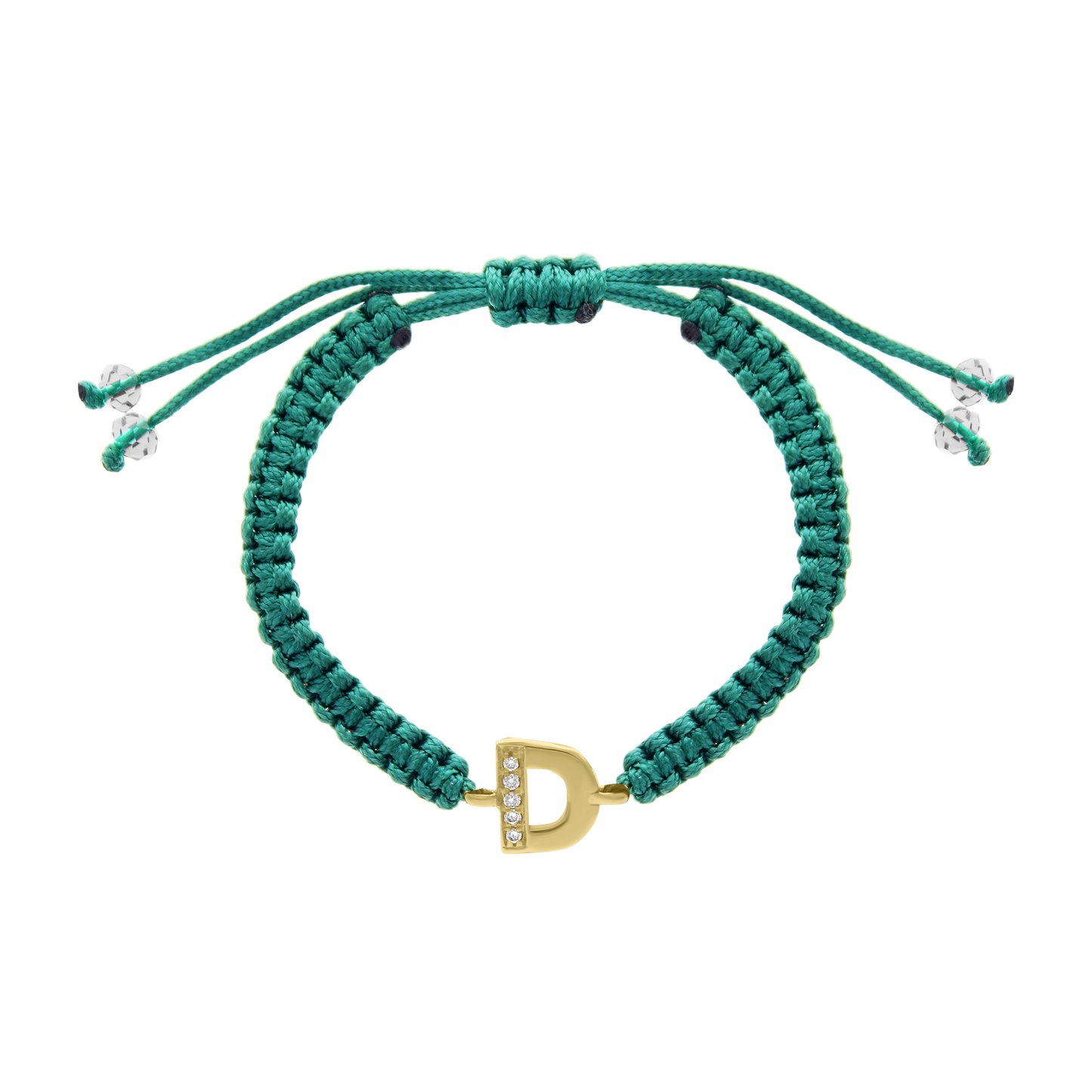 Cord diamond initial bracelet with gold D charm and pavé diamonds
