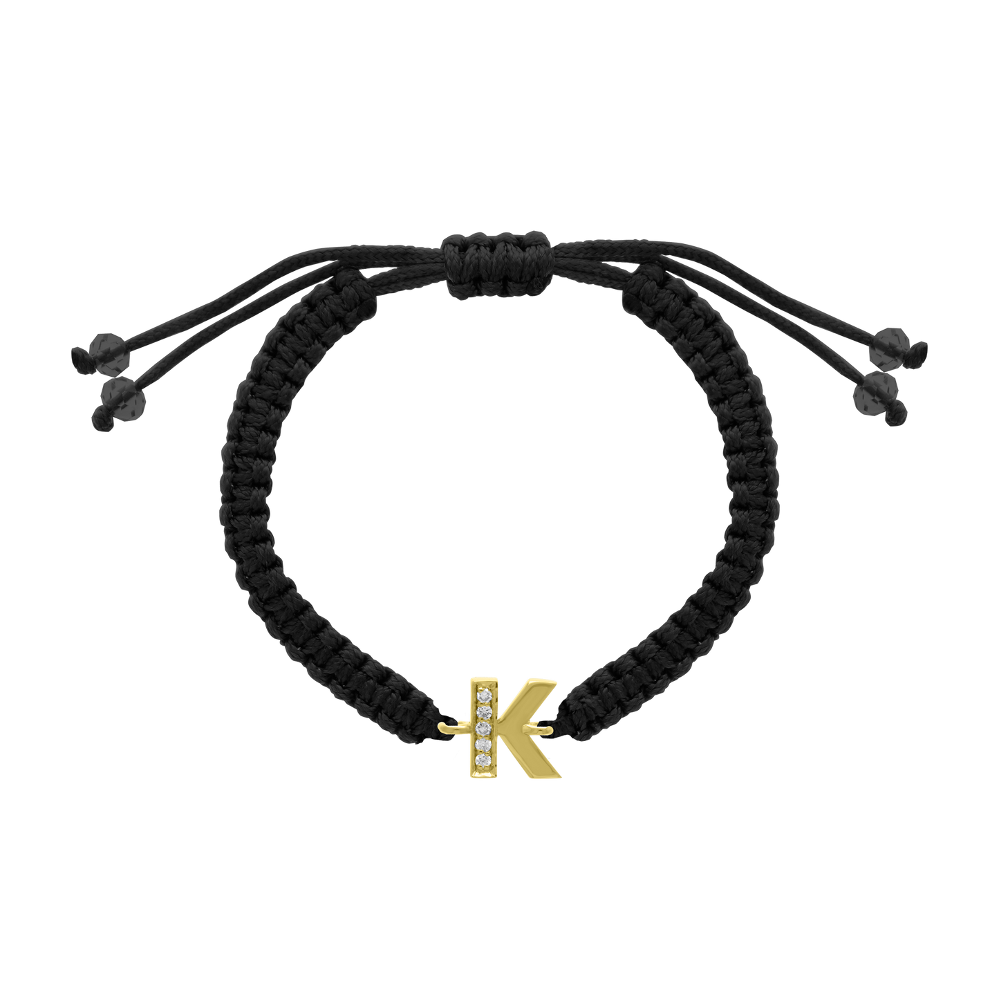Cord diamond initial bracelet with gold K charm and pavé diamonds