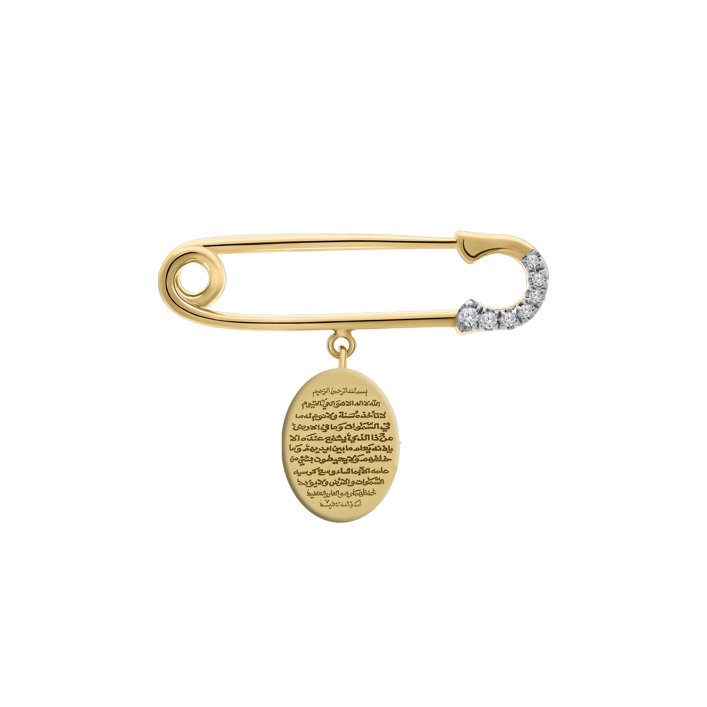 Yellow gold baby safety pin with diamond accent and oval engraved charm