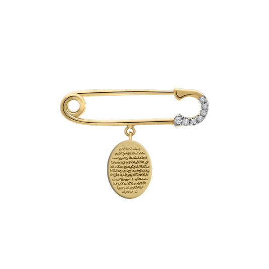 Yellow gold baby safety pin with diamond accent and oval engraved charm
