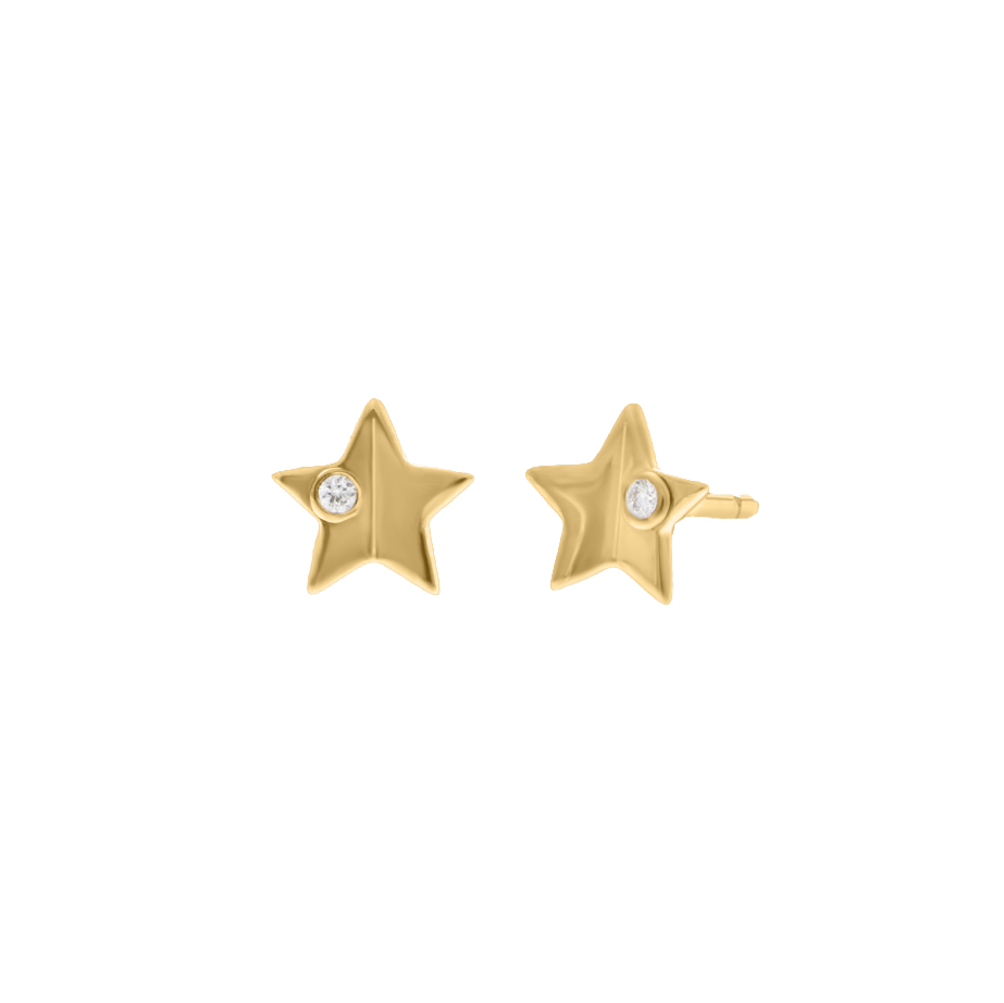 Yellow gold star stud earrings with diamond accent