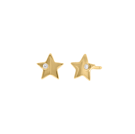 Yellow gold star stud earrings with diamond accent