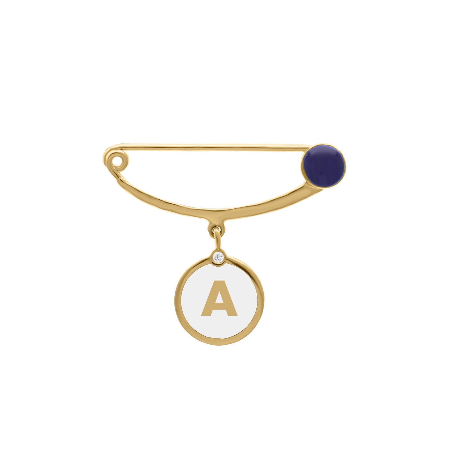 Gold safety pin brooch featuring a navy enamel accent and a dangling round charm with the letter “A” in gold and a small diamond detail, designed for babies.