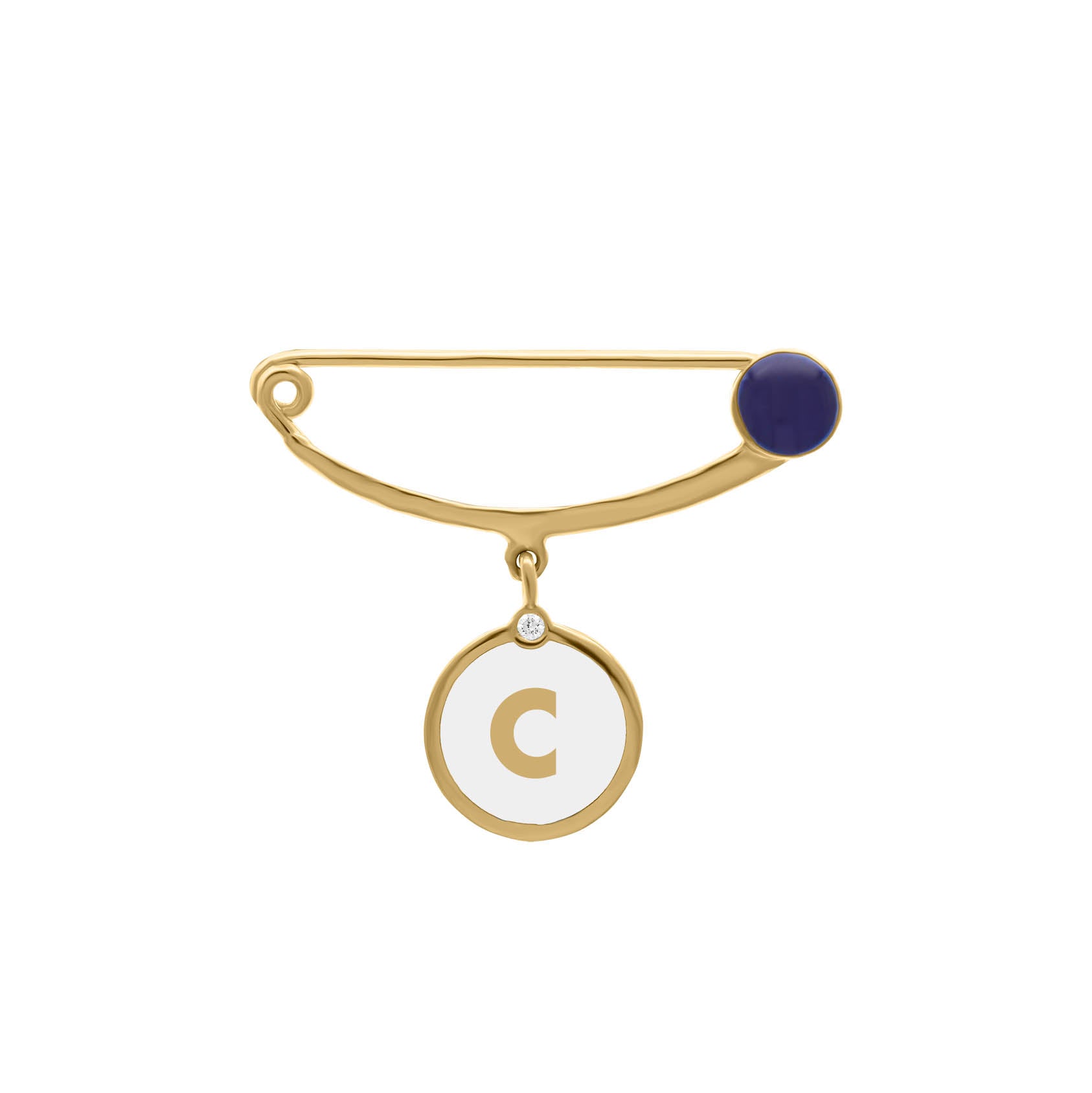 Gold safety pin brooch featuring a navy enamel accent and a dangling round charm with the letter “C” in gold and a small diamond detail, designed for babies.