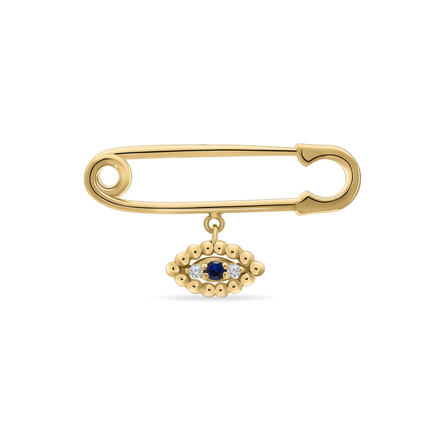 A polished 18K yellow-gold safety-pin brooch (baby pin style) with a dangling evil-eye charm—an oval of gold beads encircling a central blue sapphire flanked by two small diamonds—shown on a transparent background.