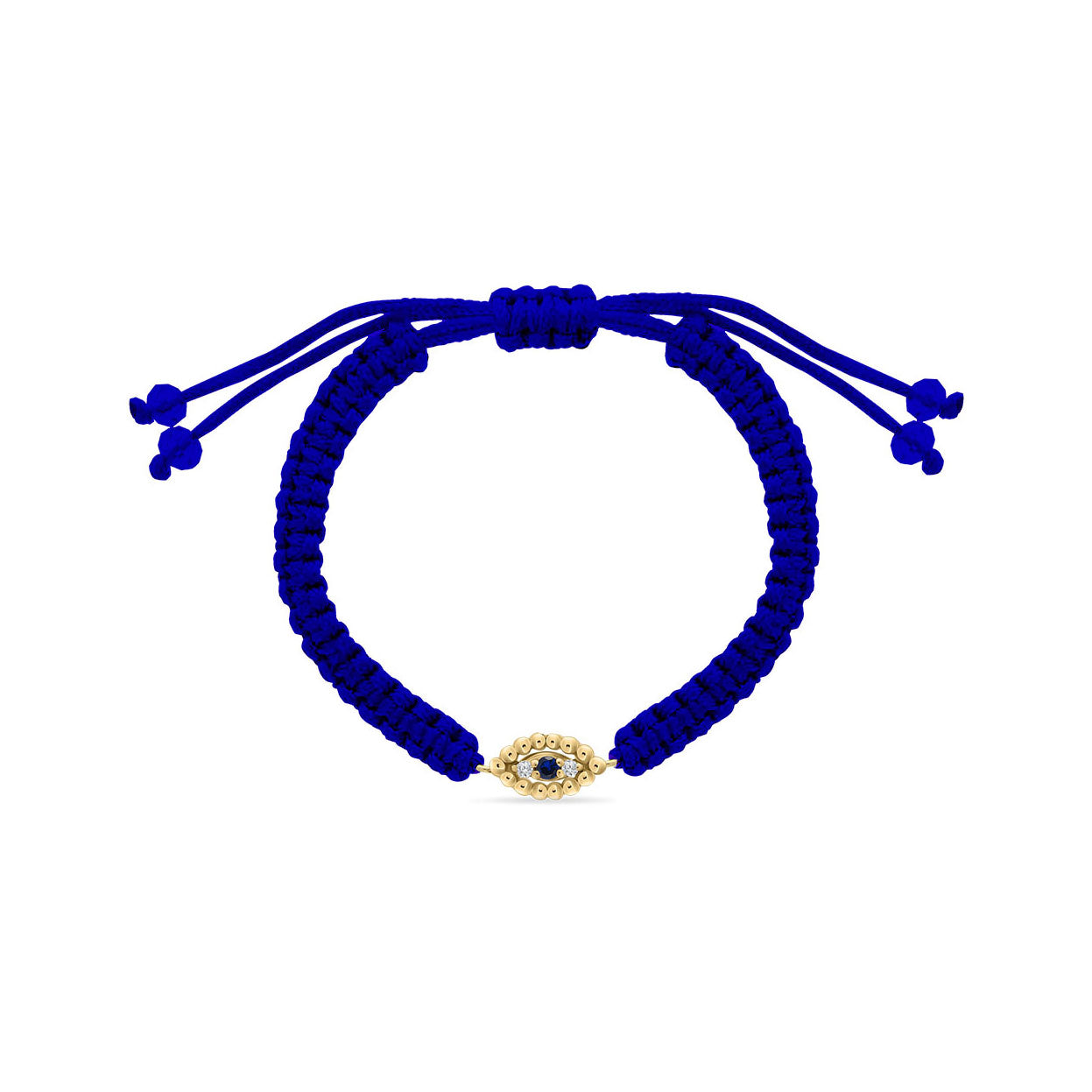 Adjustable royal blue cord bracelet featuring an 18k gold evil eye charm set with a central sapphire and surrounded by diamonds.