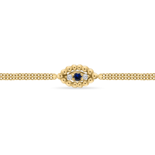 Delicate 18K gold bracelet featuring an evil-eye motif—an oval of gold beads surrounding a central blue sapphire flanked by two small round diamonds on a fine gold chain.