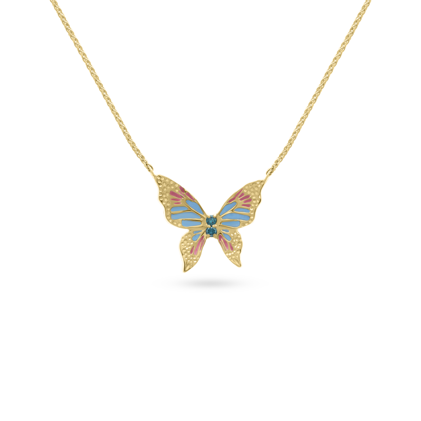 Gold butterfly necklace with pink and blue enamel wings and blue diamond accents, displayed on a transparent background.