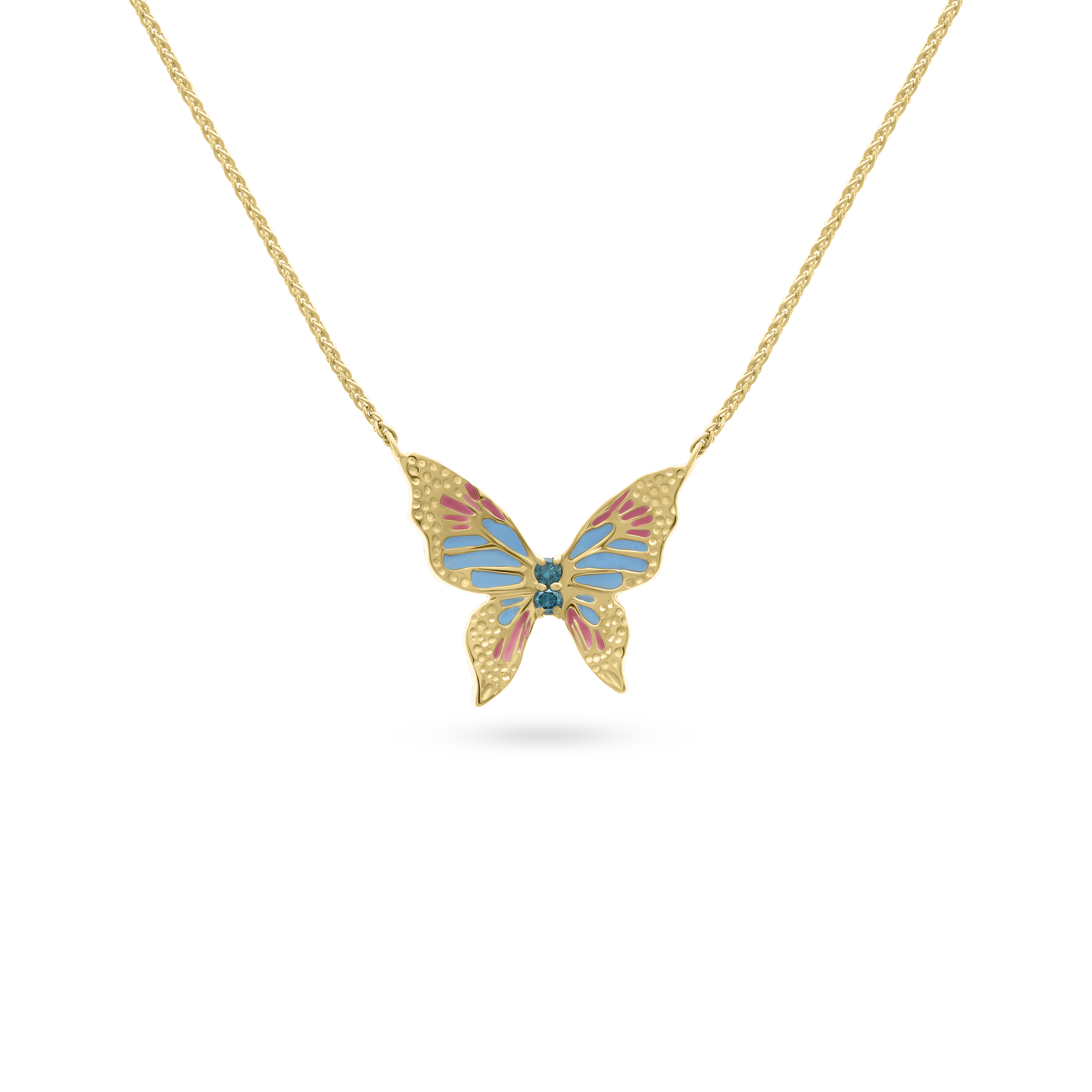 Gold butterfly necklace with pink and blue enamel wings and blue diamond accents, displayed on a transparent background.