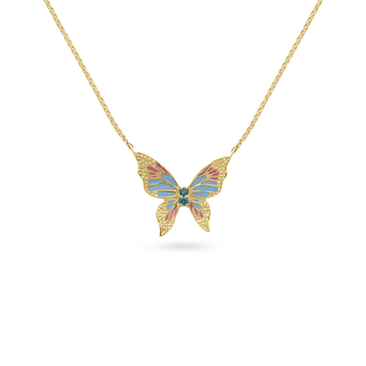 Gold butterfly necklace with pink and blue enamel wings and blue diamond accents, displayed on a transparent background.
