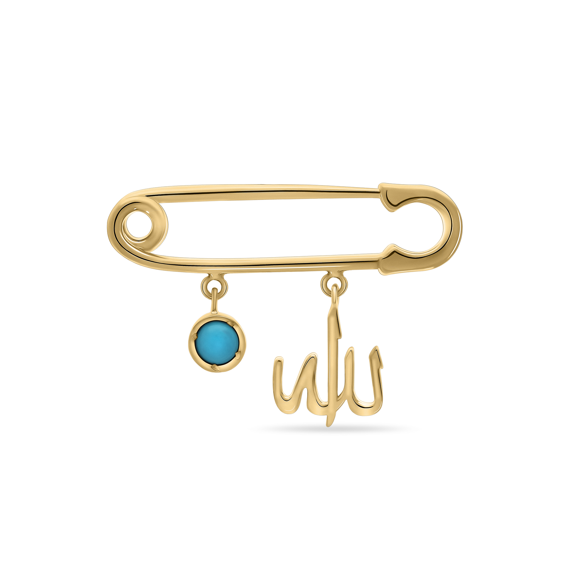 A polished 18K yellow-gold safety-pin brooch (baby-pin style) with two dangling charms: a round bezel-set turquoise enamel disc and an Arabic “Allah” script charm, shown on a transparent background.